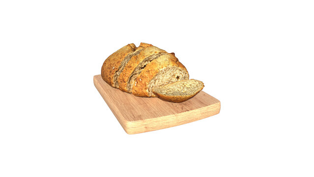 Rustic Golden Brown Artisan Bread Loaf with Sliced Piece on Wooden Cutting Board, Isolated on Transparent Background