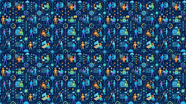 Seamless Pattern of Business and Technology Icons Featuring People Working with Data, Networking, and Digital Innovation on a Dark Blue Background, AI Generated Digital Illustration