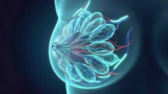 3d medical illustration of female breast anatomy showing mammary glands milk ducts and vascular system for healthcare oncology and education