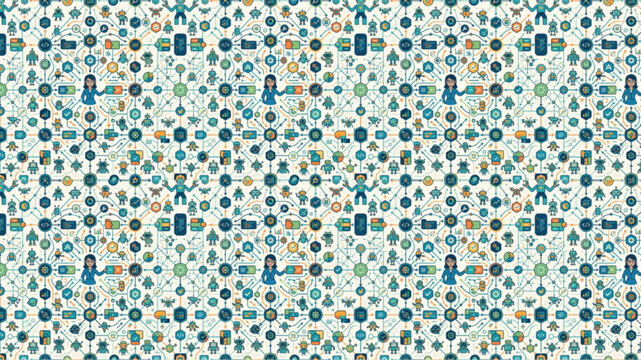 Seamless Pattern of Business and Technology Icons Featuring People, Gears, and Communication Symbols in a Flat Vector Style for Web and Print Design