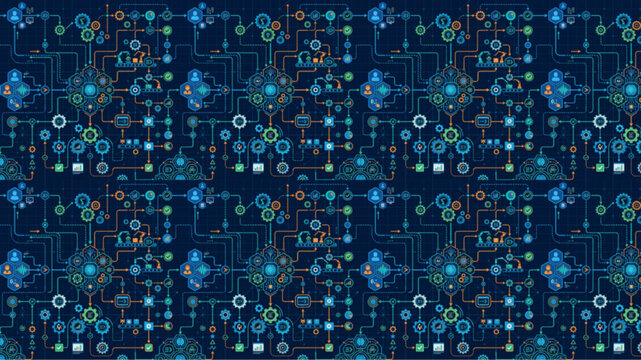 Abstract Futuristic Digital Circuit Board Pattern with Glowing Nodes and Data Flow Lines, High-Tech Connectivity Background for Cyber Security and Artificial Intelligence Concepts, AI Generated
