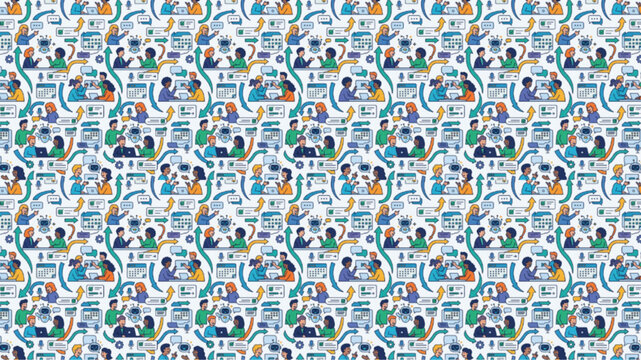 Seamless Pattern of Business Professionals Collaborating, Office Work Icons, Data Analysis, and Corporate Communication Illustration on White Background, AI Generated