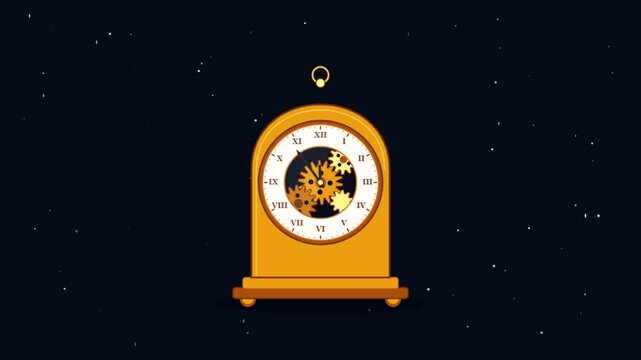 A flat illustration showing six orange mantel clocks with internal gears arranged in a grid against a dark navy blue starry night sky. Perfect for time management or history education videos.