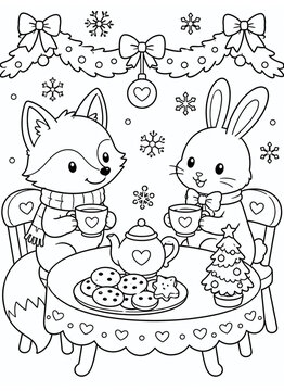 Black and white coloring page featuring a cute fox and rabbit having a Christmas tea party with a teapot, cookies, tiny tree, snowflakes and festive garland. Cozy animal holiday line art illustration 
