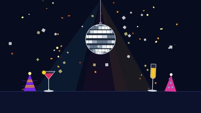 Vibrant flat vector illustration featuring a shimmering disco ball with colorful spotlights and falling confetti on a dark blue background. Perfect for event invitation videos.