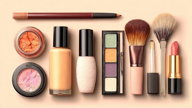 Everyday beauty routine flat lay with makeup products on beige background, featuring foundation, eyeshadow, lipstick and brushes for lifestyle content.