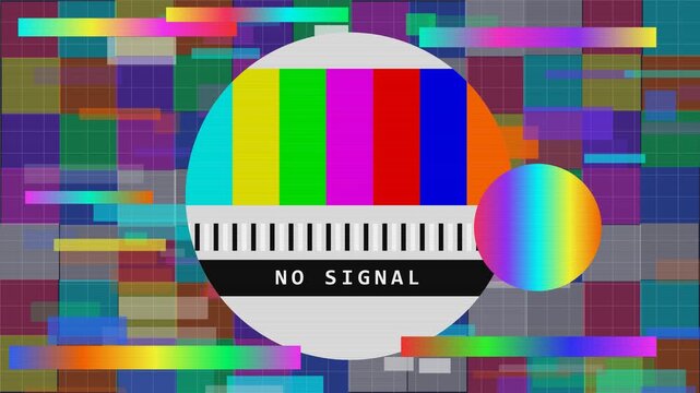 Bright and vibrant futuristic TV test pattern with slower digital glitch effects, vivid colors, and modern abstract motion graphics in 4K resolution.
