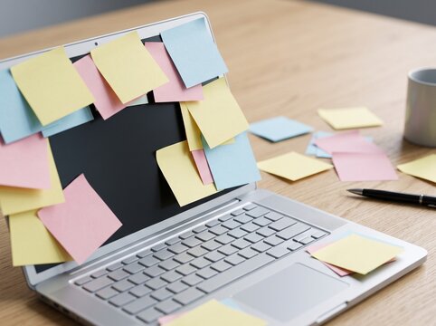 Laptop covered in blank sticky notes on office desk close-up