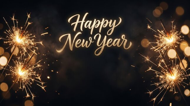 Happy New Year text with sparkling fireworks and bokeh lights on dark background