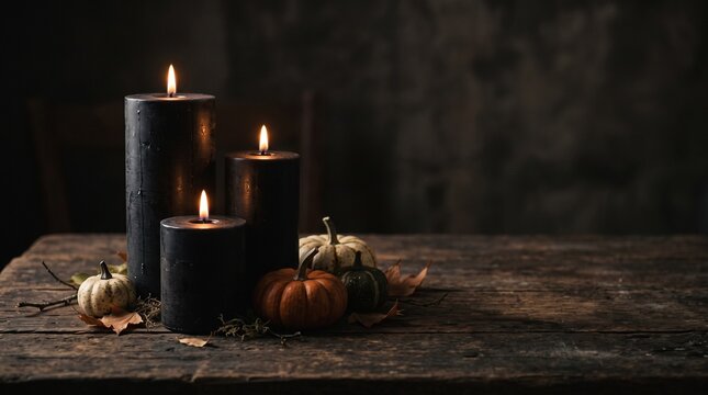 Three black burning candles with small pumpkins on a rustic wooden