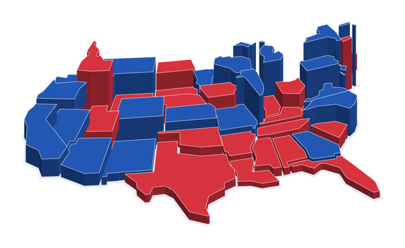 Aerial view of a 3D United States map where red and blue states rise like Manhattan skyscrapers, midterm election concept