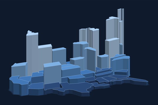 Dark night skyline of the USA where states rise as pale blue towers, low angle 3D view on navy background