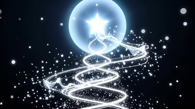 Abstract Glowing White Christmas Tree Animation with Shining Star and Particles on Black Background.