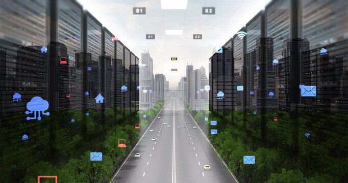 Data center servers overlaying modern city highway traffic with cloud network icons. Technology Related 3D 4K Animation.