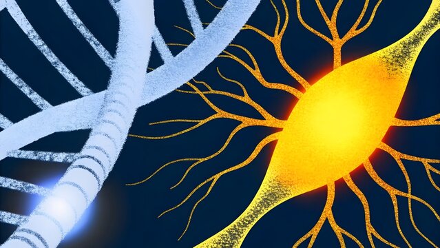 Dna genetics structure and neural synapse pathway. Biotechnology and molecular science research. Glowing neuron cell synapse connecting with a genetic dna strand