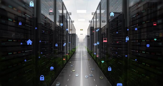 Abstract data center server room visual overlay with city buildings and network symbols. Technology Related 3D 4K Animation.