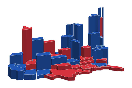 Low angle 3D skyline of American states as red and blue towers, concept illustration for the 2026 midterm elections