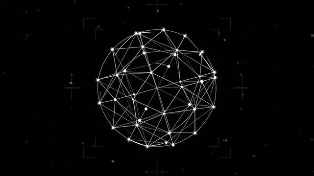Geometric line art transforms into a complex sphere on black backgroun
