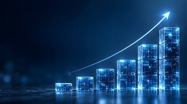 Conceptual digital bar chart showing business growth and financial success with an upward arrow and glowing blue data cubes representing progress and technology in the digital economy.