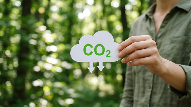 Person holding a paper cloud cutout with carbon dioxide text against a blurred forest background
