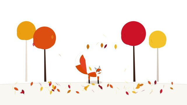 Stylized red fox character walks through a fall landscape with round trees and falling leaves on a white background. Perfect for seasonal storytelling or educational videos.