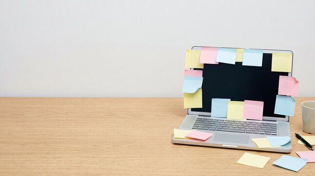 Laptop covered in blank sticky notes on office desk with copy space