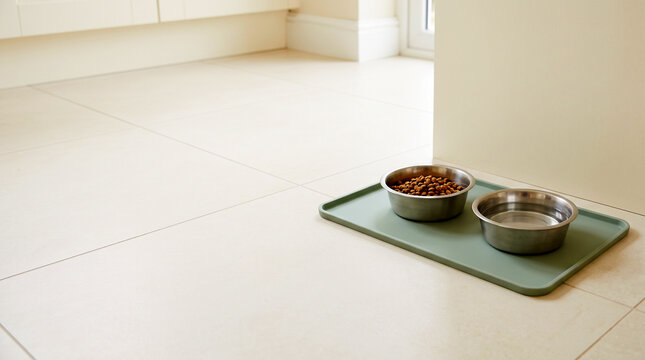 Stainless Steel Pet Bowls on Sage Green Silicone Feeding Mat