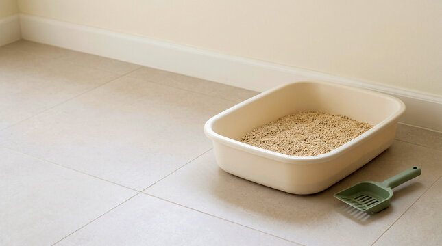 Ivory Cat Litter Tray with Scoop on Neutral Tiled Floor