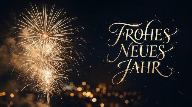 Golden fireworks exploding against a dark night sky with bokeh city lights and elegant text