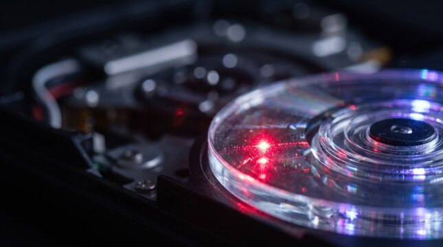 Close up view of internal hard drive components with glowing red