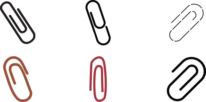 Set of six colorful paperclip vector icons for office stationery and digital design projects
