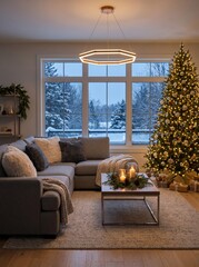 Naklejka premium Christmas tree and cozy living room overlooking snowy winter forest. Festive holiday home interior with gifts and candlelit coffee table. Christmas celebration and seasonal decorating.