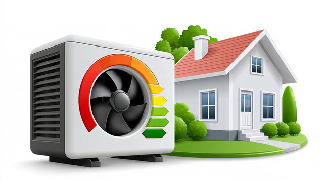 Pompe &agrave; chaleur domestique : chauffage &eacute;cologique pr&egrave;s d'une maison avec jauge d'efficacit&eacute; et aides &agrave; la r&eacute;novation, isol&eacute; sur fond blanc