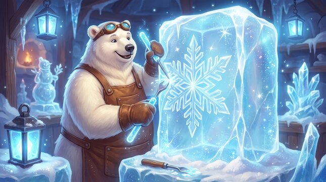 Playful Bear Carving Ice Sculpture in Winter Wonderland