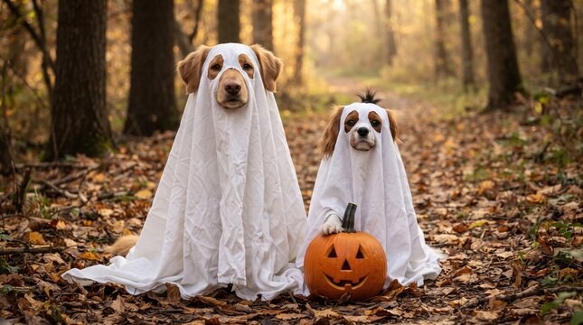 Two dogs in ghost sheets beside carved pumpkin