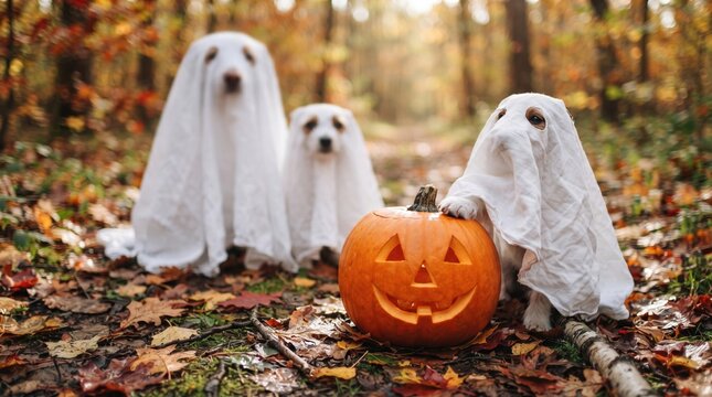 Three ghost-costumed dogs beside Halloween pumpkin
