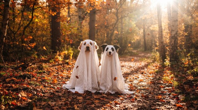 Two ghost dogs sitting among falling autumn leaves