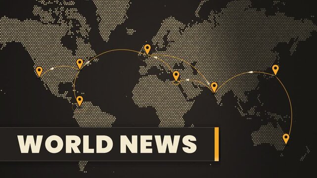 World News opener, location pins dropping on a dotted world map with arcs between cities