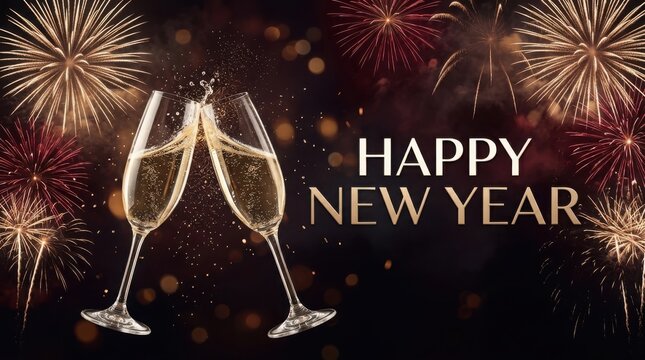 Champagne glasses clinking during New Year's Eve fireworks celebration with bokeh lights