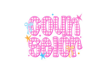 Counselor typography with pink gingham pattern letters bows and retro stars Design ©  Artstok