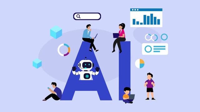 AI technology and artificial intelligence concept with robot and people working on data analytics cartoon animation
