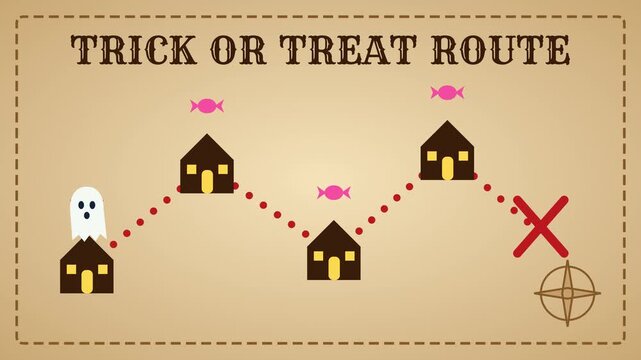 Trick or Treat route map with houses, a dotted path, candy and a ghost location pin on old paper, animated loop