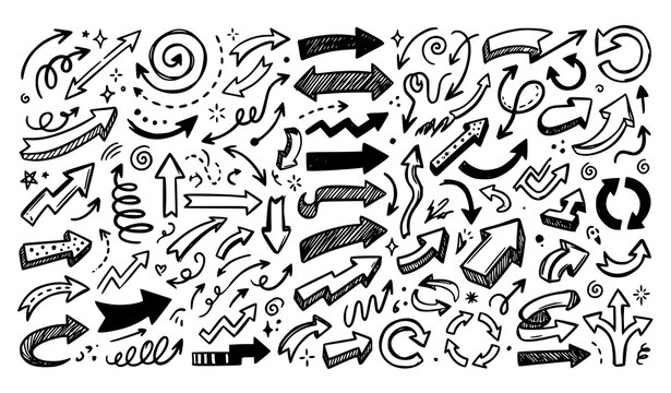 Set of diverse hand drawn directional arrows featuring varied shapes and creative styles pointers direction navigation