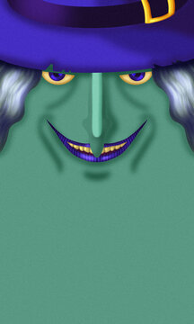 Green witch face close up with purple hat and evil smile for halloween illustration. Illustration design for banner, poster, and etc.