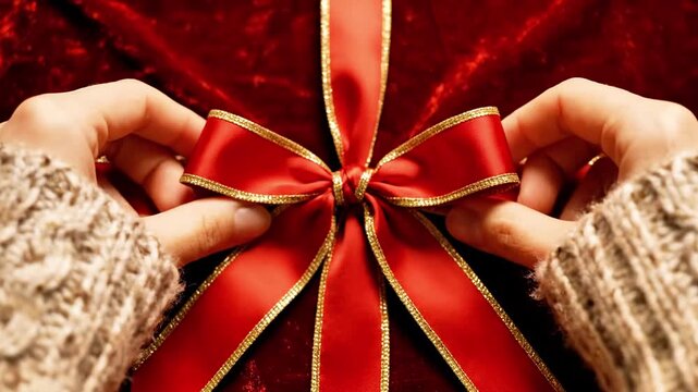 Hands tying red ribbon bow on cozy wool sweater.