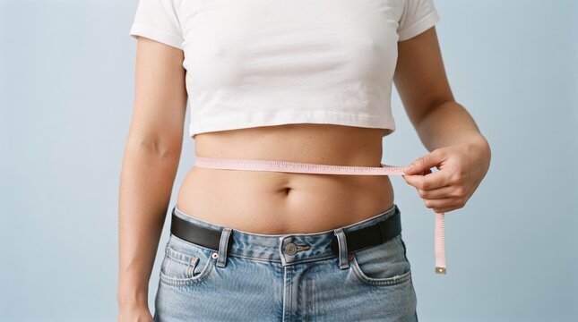 Pink measuring tape around woman's waist over jeans
