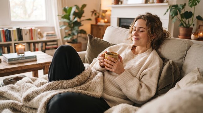 Woman resting on sofa with mug and soft blanket