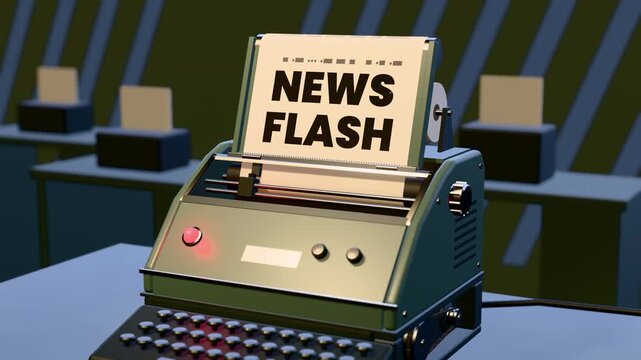 Teletype machine printing News Flash on a paper roll in an evening newsroom, teleprinter 3D animation