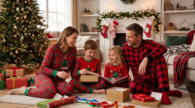 Cheerful young family wearing matching red plaid pajamas sitting on the floor while unpacking Christmas presents near a decorated tree.