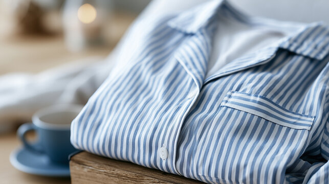 Folded blue and white striped cotton pajama shirt neatly placed on a wooden surface with a coffee cup in a soft blurred background.